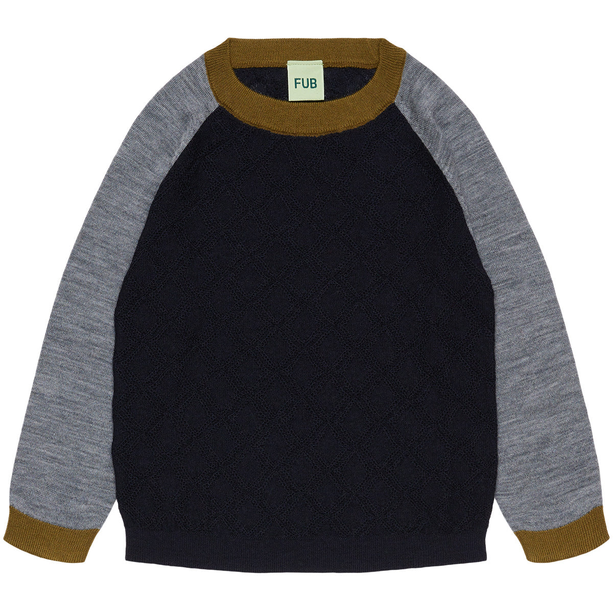 The Color Block Crew from FUB featuring long raglan sleeves, a textured knit body, and contrasting ribbed trim.