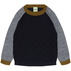 The Color Block Crew from FUB featuring long raglan sleeves, a textured knit body, and contrasting ribbed trim.