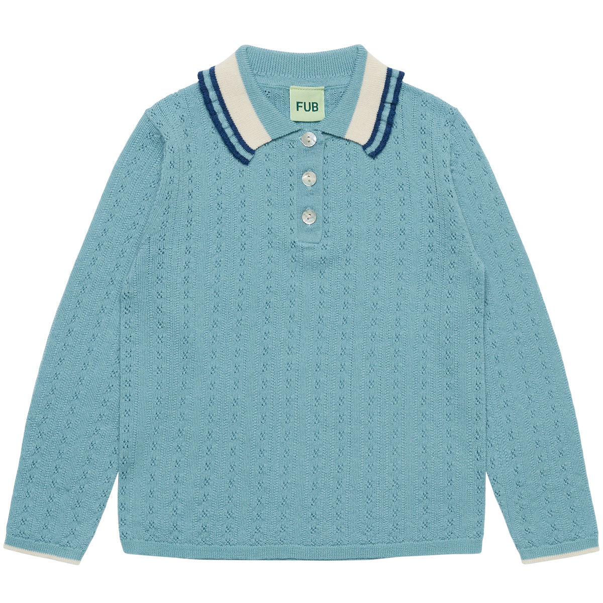 The Pointelle Polo from FUB featuring a pointelle knit pattern, flat frilled collar, pearl button placket, and rib trims.