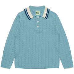 The Pointelle Polo from FUB featuring a pointelle knit pattern, flat frilled collar, pearl button placket, and rib trims.