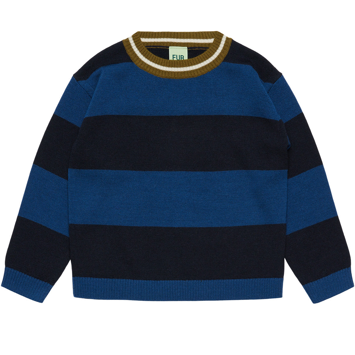 The Striped Crew from FUB featuring a loose fit, bold wide stripes, long sleeves, and a striped ribbed crewneck trim.
