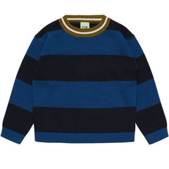 The Striped Crew from FUB featuring a loose fit, bold wide stripes, long sleeves, and a striped ribbed crewneck trim.