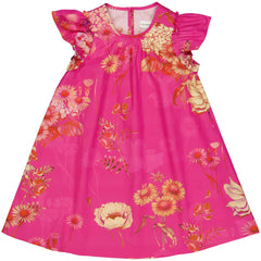 The Fuchsia Floral Dress from Christina Rohde. Bright fuchsia dress featuring an all-over floral print, ruffled short sleeves.