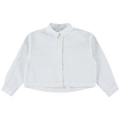 The Unit Shirt from Morley. Short shirt with long sleeves. Cotton oxford cloth shirt. Stripes throughout. Spread collar
