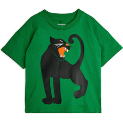 Mini Rodini Panther Tee in green organic cotton with large black panther graphic print