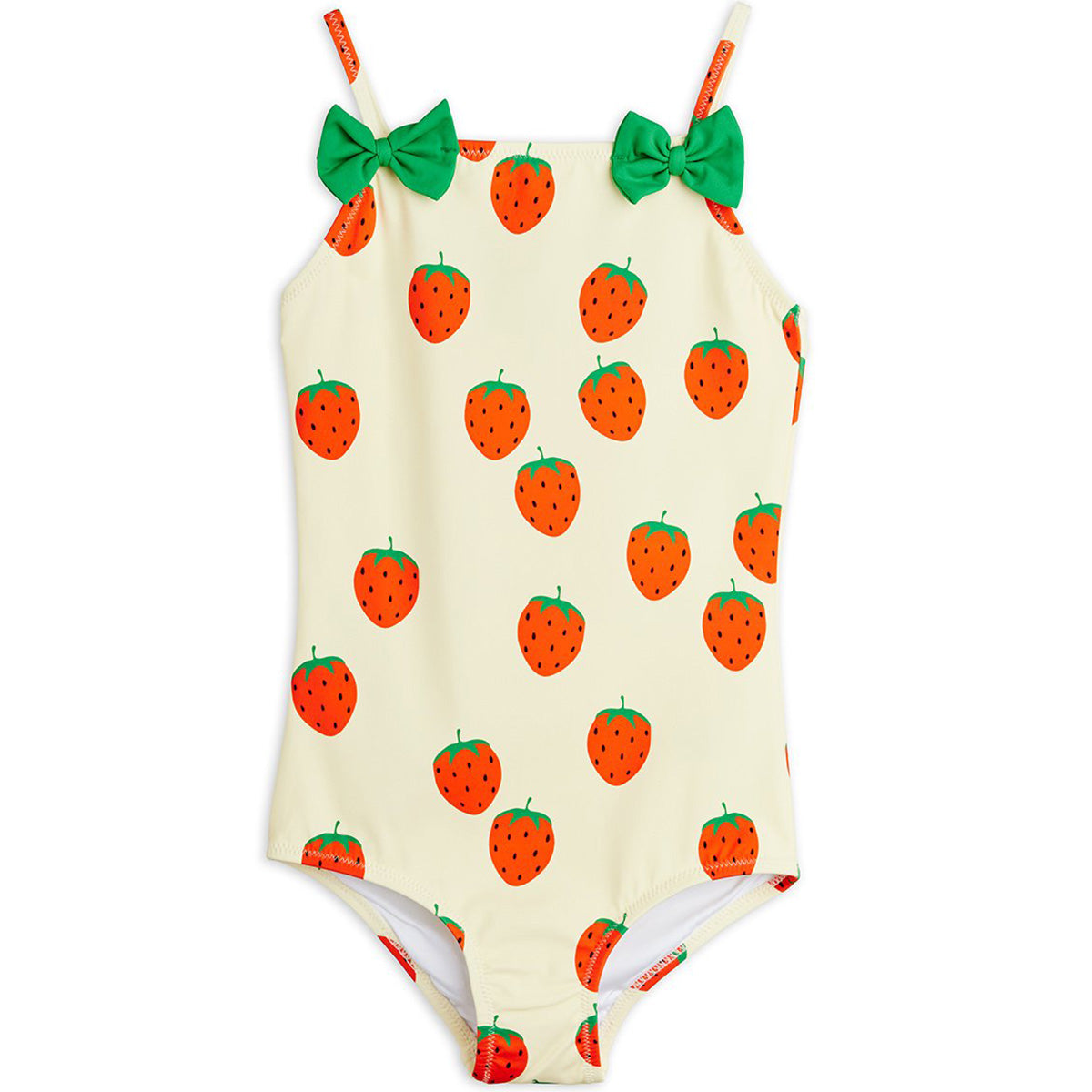 Mini Rodini Strawberries cream swimsuit with strawberry print and green bow straps