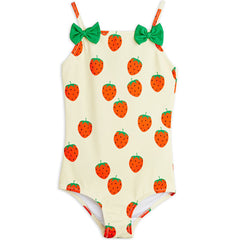 Mini Rodini Strawberries cream swimsuit with strawberry print and green bow straps