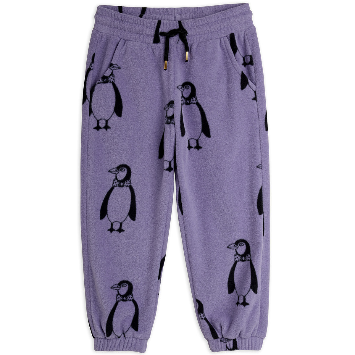 Penguin Fleece Pants by Mini Rodini with Penguin print, drawstring waist, side pockets and cuffs.