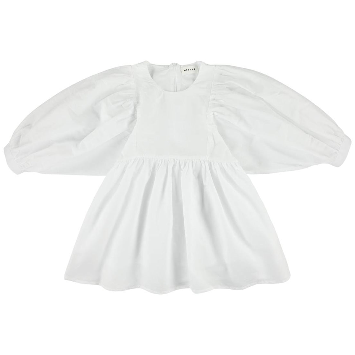 The Ulla Dress from Morley. Short dress with long balloon sleeves. Gathered skirt, Zip closure down the back.