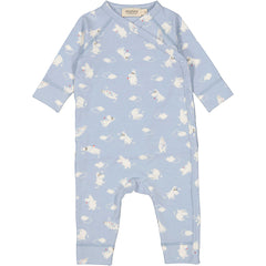 The Rulo Jumpsuit from MarMar Copenhagen. Soft organic cotton romper featuring a sweet Moomin print on a blue base.