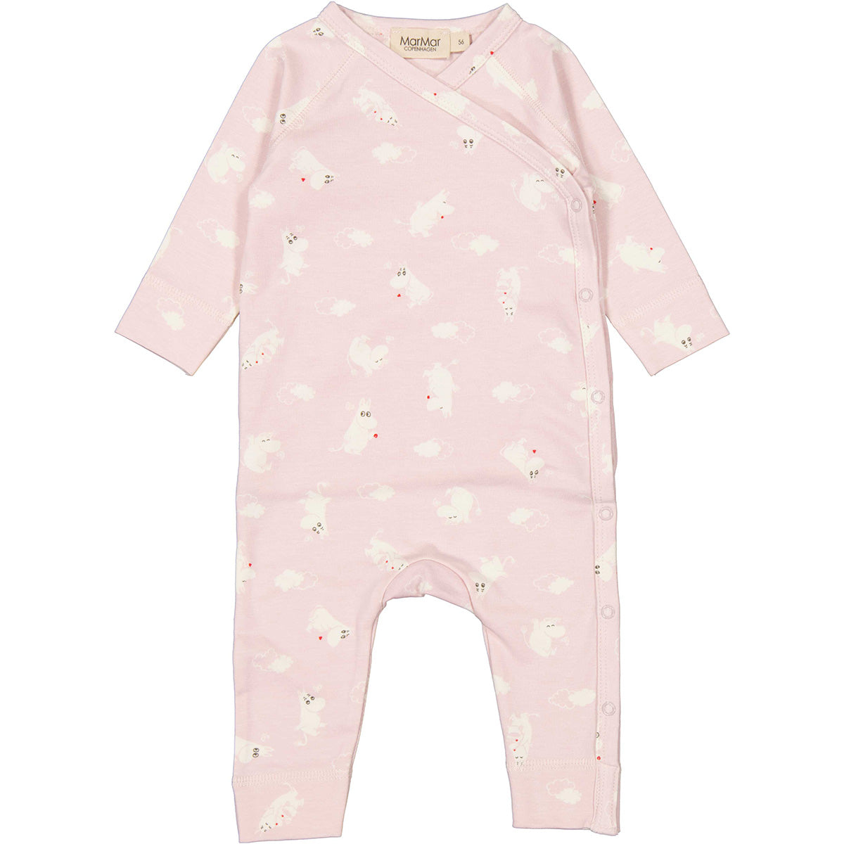 The Rulo Jumpsuit from MarMar Copenhagen. Soft organic cotton romper featuring a sweet Moomin print on a pink base.