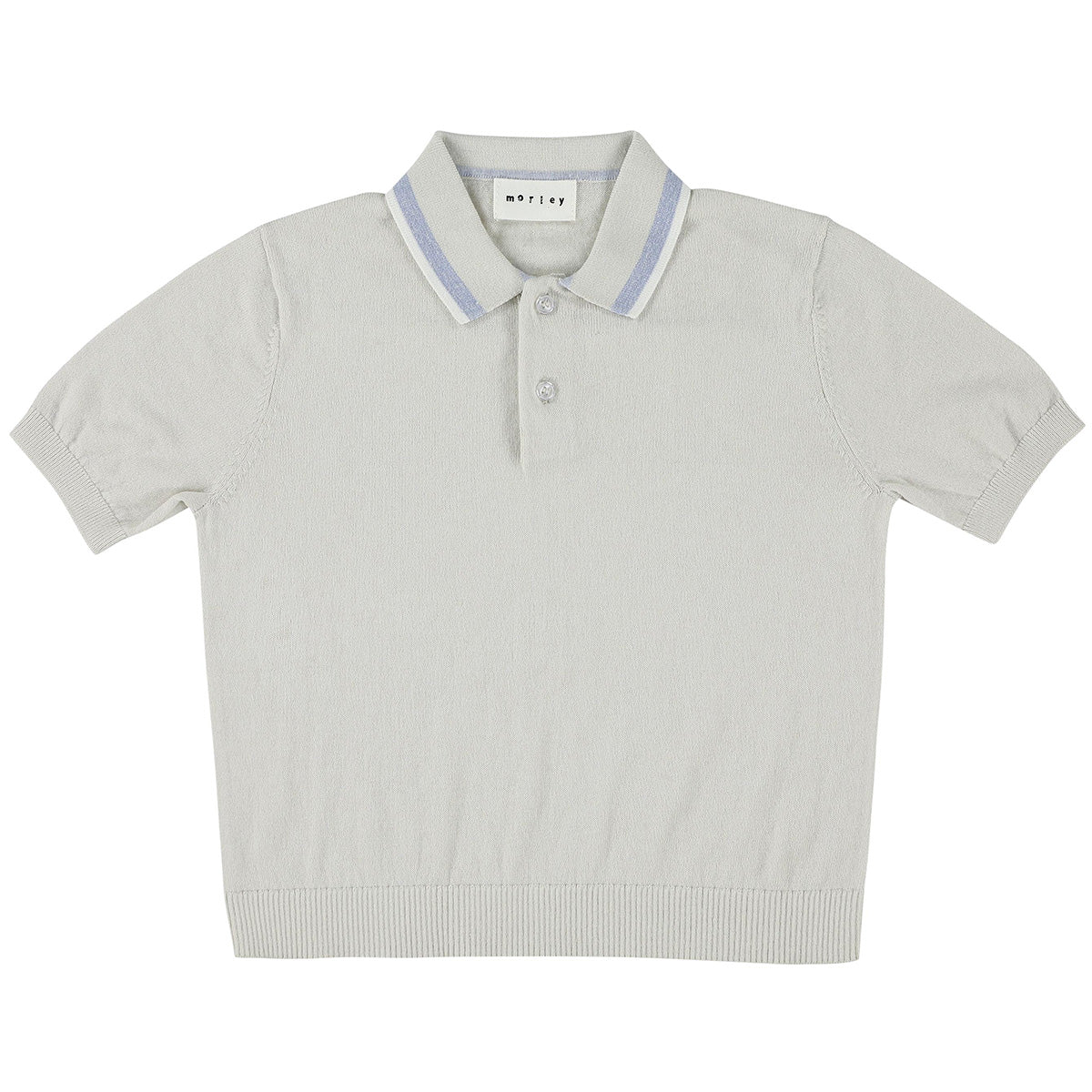 The Utile Shirt from Morley. Polo t-shirt, Collar with grey stripe, Button closure at the front, Ribbed knit trim, Short sleeves.