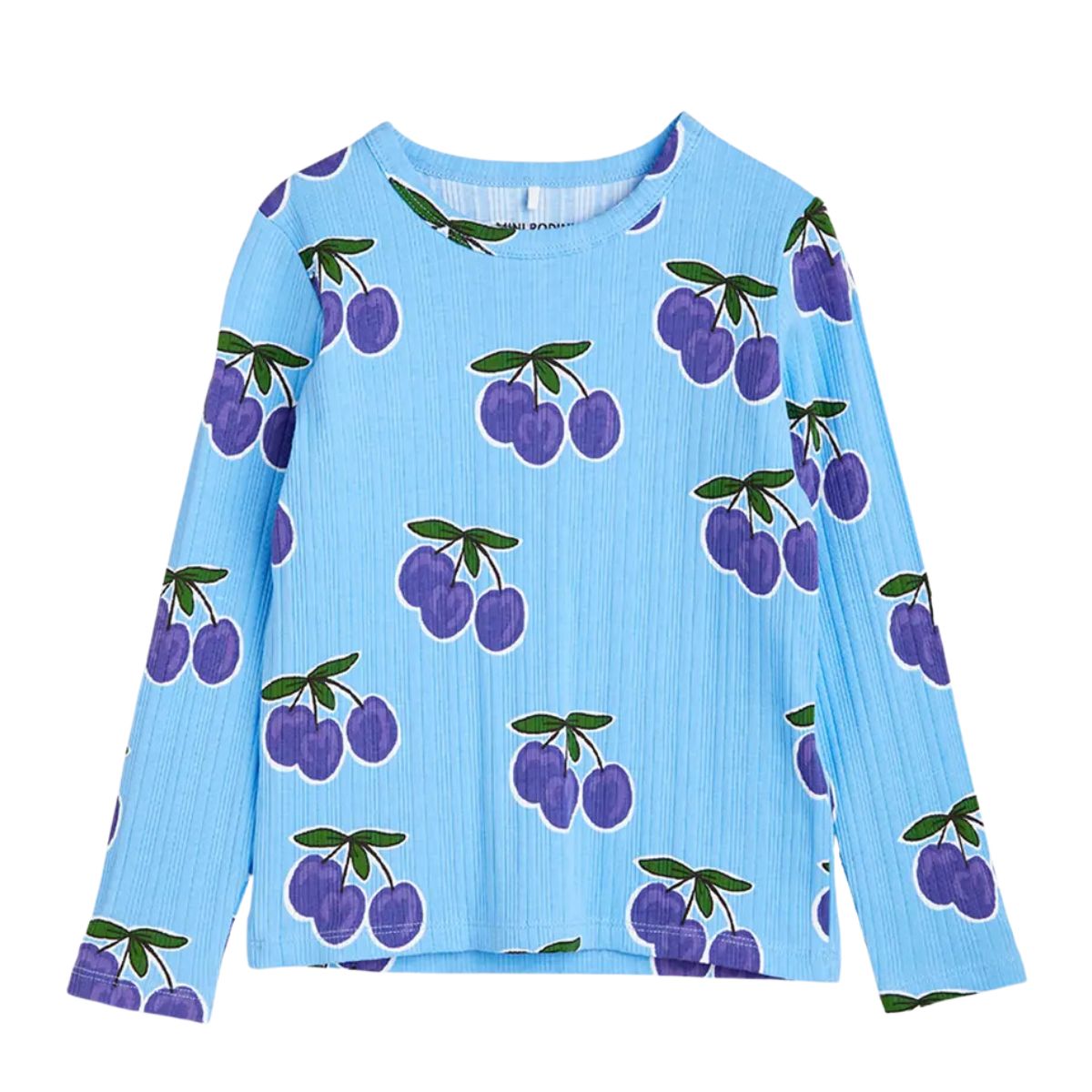 Plum Long Sleeve Tee by Mini Rodini. Blue ribbed long sleeve T-shirt with an all over print, made from GOTS certified organic cotton