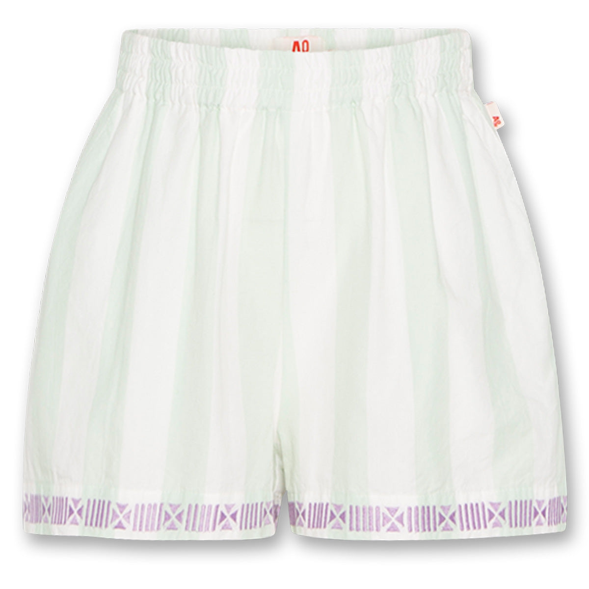 The Munya Stripe Shorts from AO76. Light mint green shorts with subtle vertical stripes, featuring an elastic waistband.