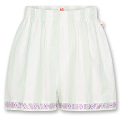 The Munya Stripe Shorts from AO76. Light mint green shorts with subtle vertical stripes, featuring an elastic waistband.