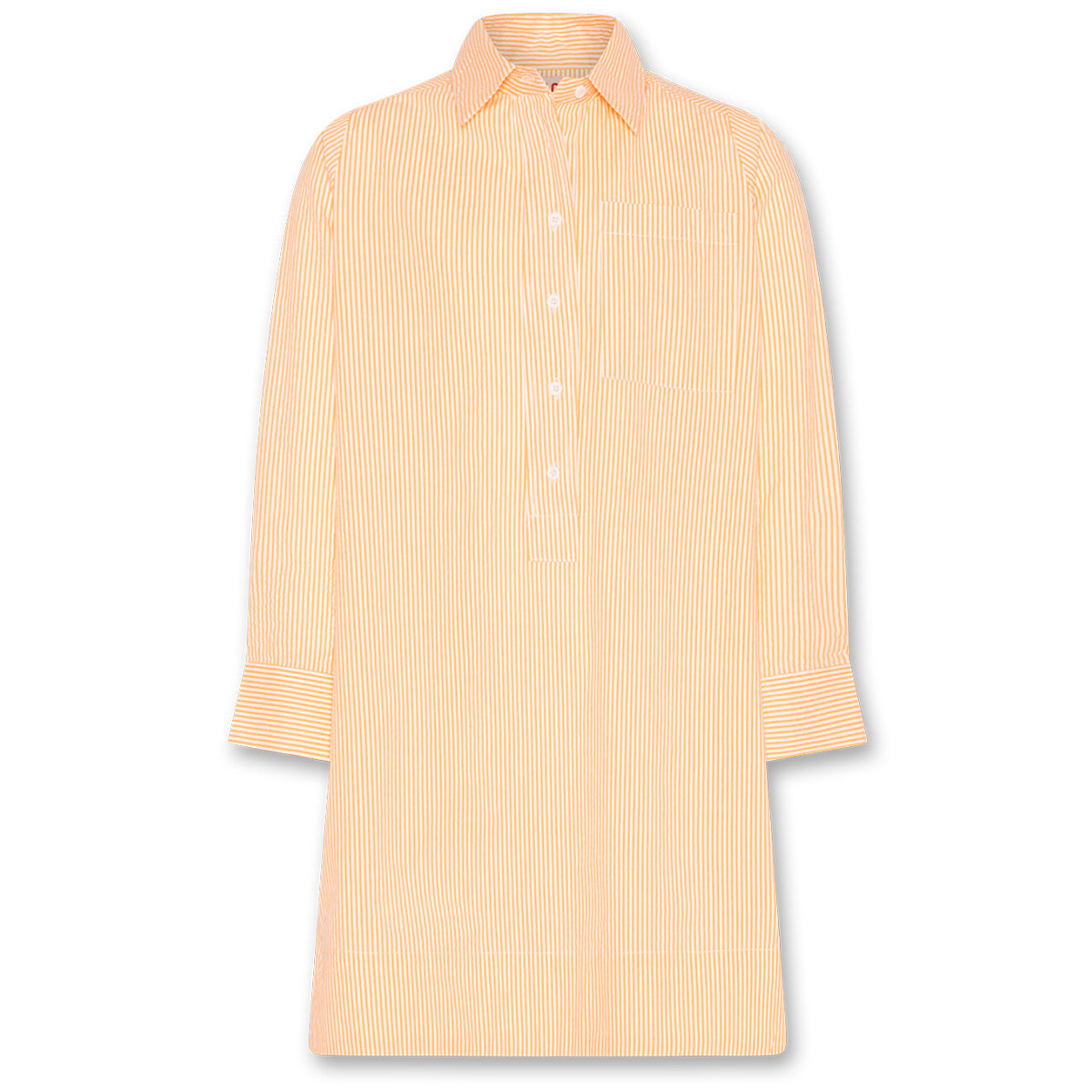 The Hedy Dress Beck from AO76. This chic, striped shirt dress in soft yellow and white offers a relaxed yet polished look.