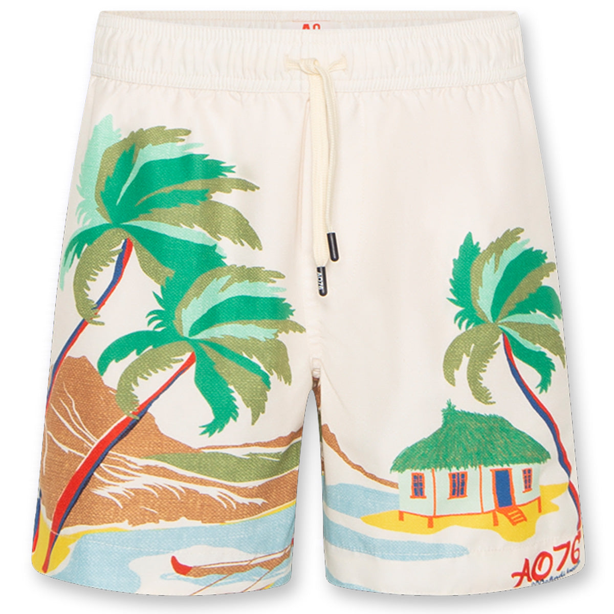 Swimshorts Malindi from AO76. Tropical-inspired swim shorts featuring a beach scene with palm trees, a hut, and ocean waves