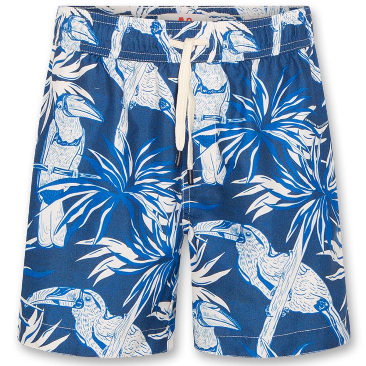Swimshorts Toucan by AO76. Feature a striking blue and white tropical print with bold toucans and lush palm leaves.