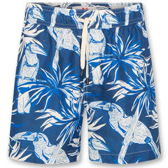Swimshorts Toucan by AO76. Feature a striking blue and white tropical print with bold toucans and lush palm leaves.