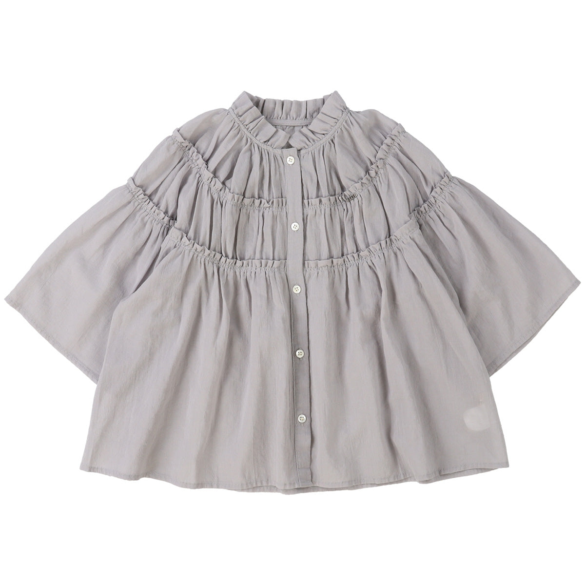 The Cotton Chiffon Blouse from Fith. Light grey blouse with a mandarin collar, button front, and gathered ruffle detailing.
