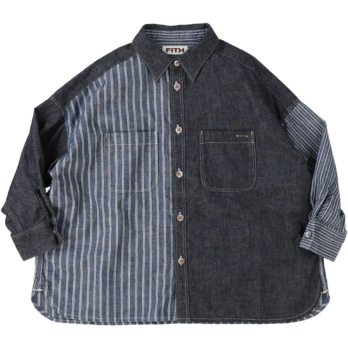 Striped Chambray Shirt from Fith. Two-tone denim button-up shirt with mixed solid and striped panels, chest pockets.