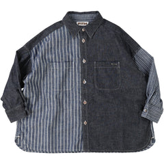 Striped Chambray Shirt from Fith. Two-tone denim button-up shirt with mixed solid and striped panels, chest pockets.