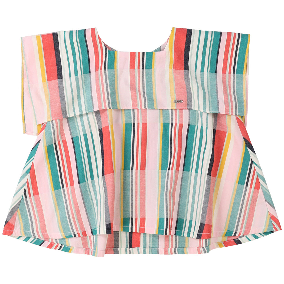 Dobby Striped Blouse from Fith. Multicolor striped blouse with a square neckline, wide yoke detail, and flared silhouette.