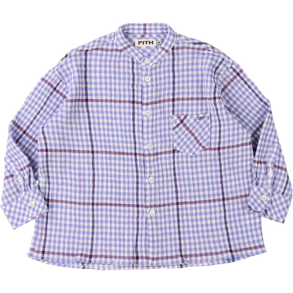 Gingham Plaid Shirt from Fith. Purple and white plaid long-sleeve shirt with a band collar, front buttons, and chest pocket.
