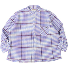 Gingham Plaid Shirt from Fith. Purple and white plaid long-sleeve shirt with a band collar, front buttons, and chest pocket.