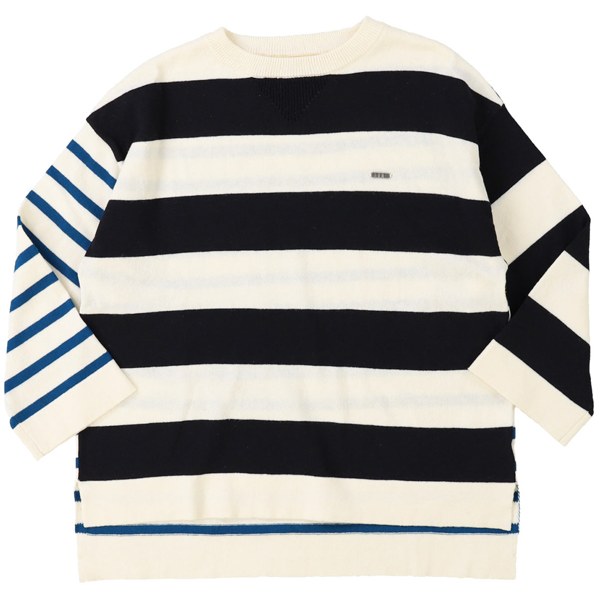 Cotton Knit Striped Long Sleeve Tee by Fith. Striped knit sweater in navy and cream with contrasting blue-striped sleeves.