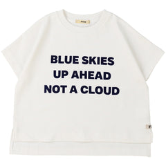 The Smooth Cotton Jersey Blue Skies Tee from Fith. White t-shirt with text 'BLUE SKIES UP AHEAD NOT A CLOUD'.