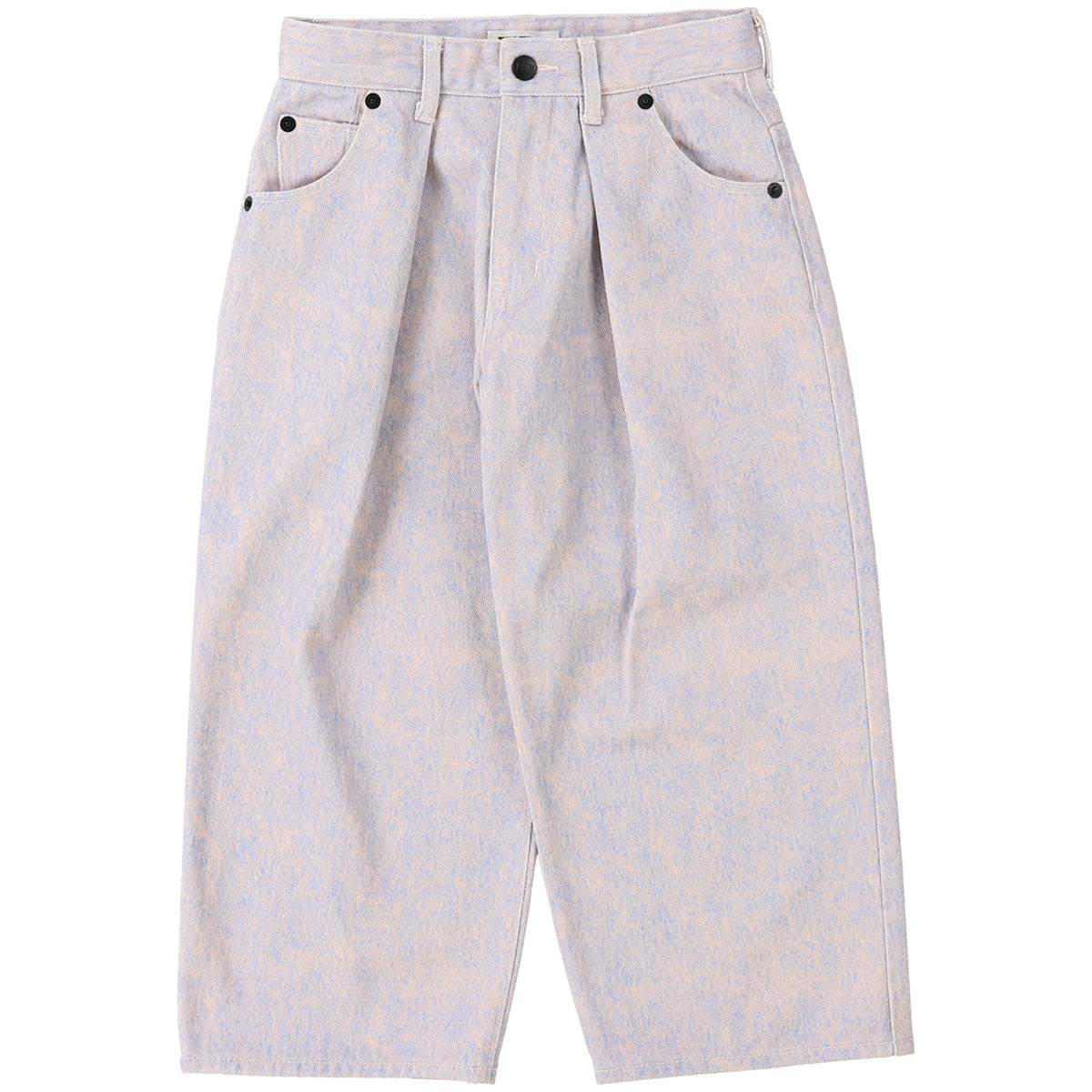 The Random Printed Pants from Fith. Wide-leg denim pants in a pale pink and lavender wash with pleated front.