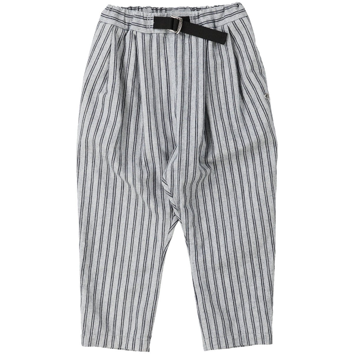 Indigo Herringbone Striped Pants by Fith. Striped tapered pants in grey and navy with front pleats, an integrated belt.