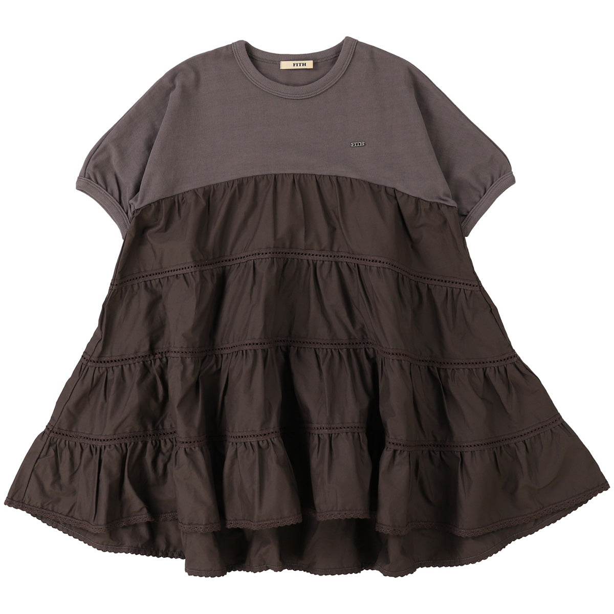 The Smooth Cotton Jersey and Tiered Dress from Fith. Dark grey tiered dress with short sleeves and flared ruffled skirt.
