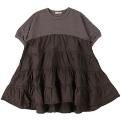 The Smooth Cotton Jersey and Tiered Dress from Fith. Dark grey tiered dress with short sleeves and flared ruffled skirt.