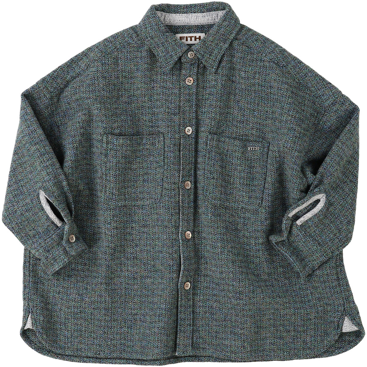 The Tweed Cotton Melange Shirt from Fith. Textured teal-gray button-up overshirt with two large front pockets.