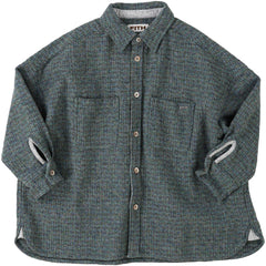 The Tweed Cotton Melange Shirt from Fith. Textured teal-gray button-up overshirt with two large front pockets.