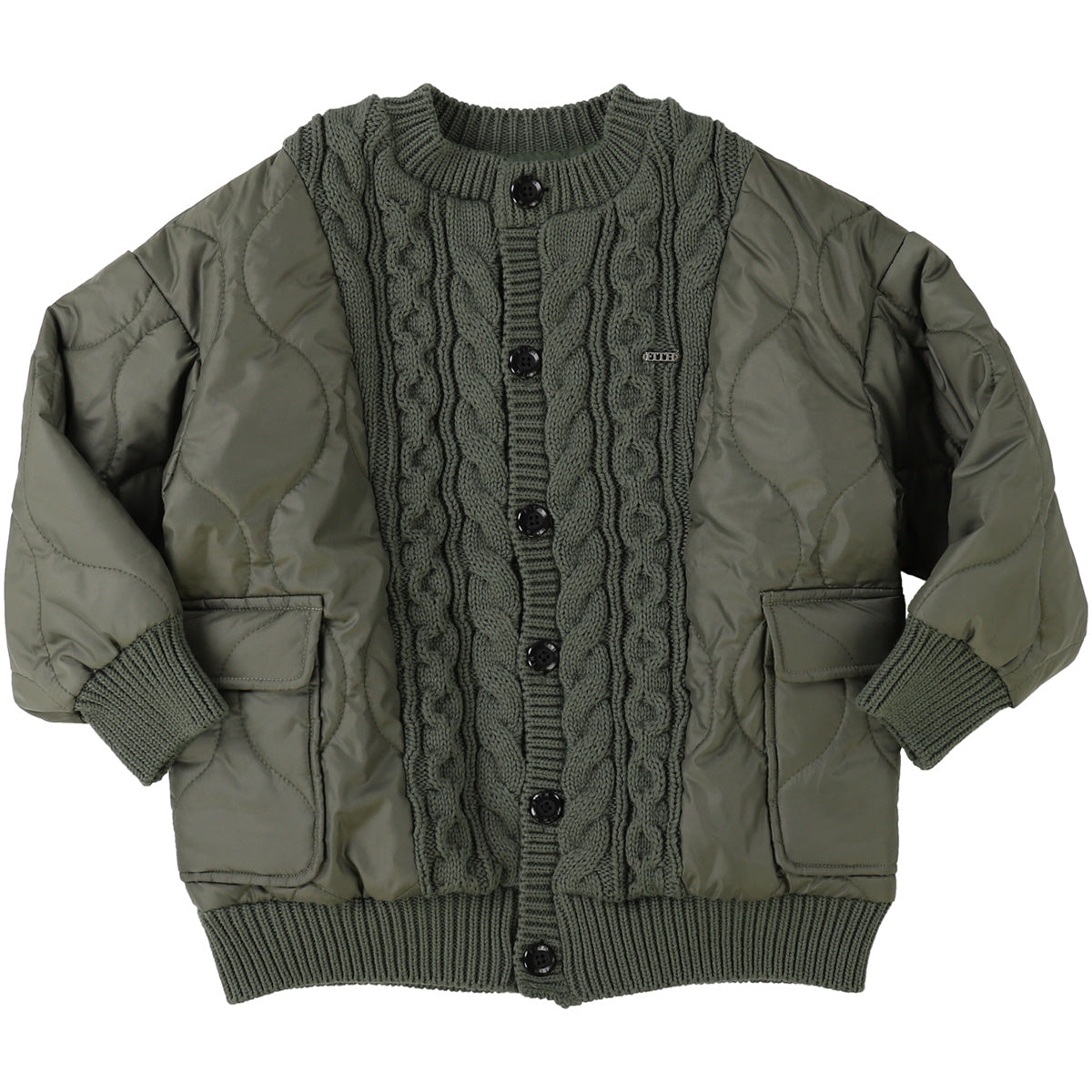 The Knit Quilted Blouson from Fith. Olive green hybrid jacket combining quilted sleeves and panels with a cable-knit front.
