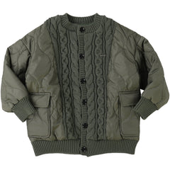 The Knit Quilted Blouson from Fith. Olive green hybrid jacket combining quilted sleeves and panels with a cable-knit front.