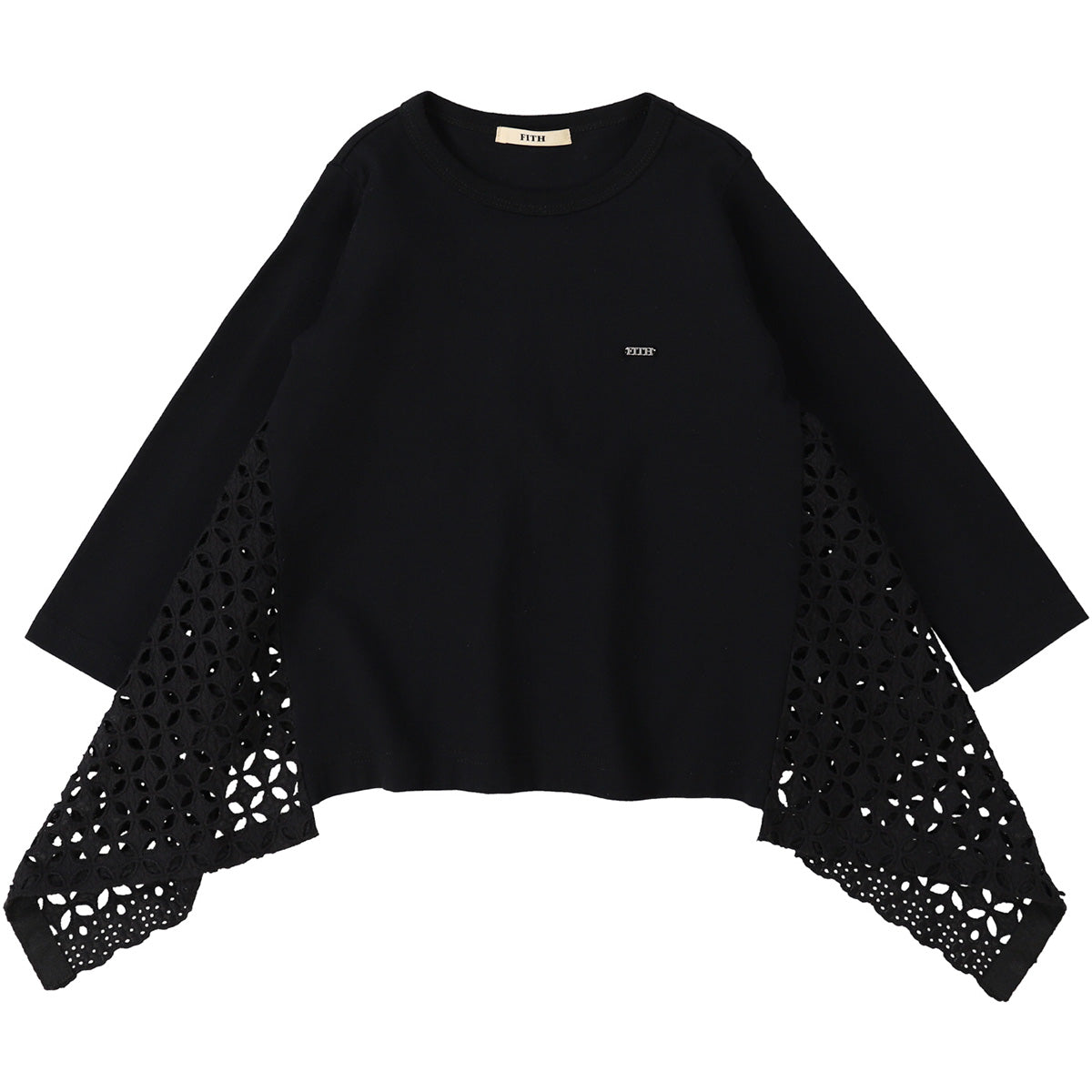 The Lacy Long Sleeve Tee from Fith. Girls’ black long-sleeve top with lace side panels.