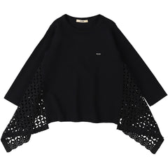 The Lacy Long Sleeve Tee from Fith. Girls’ black long-sleeve top with lace side panels.