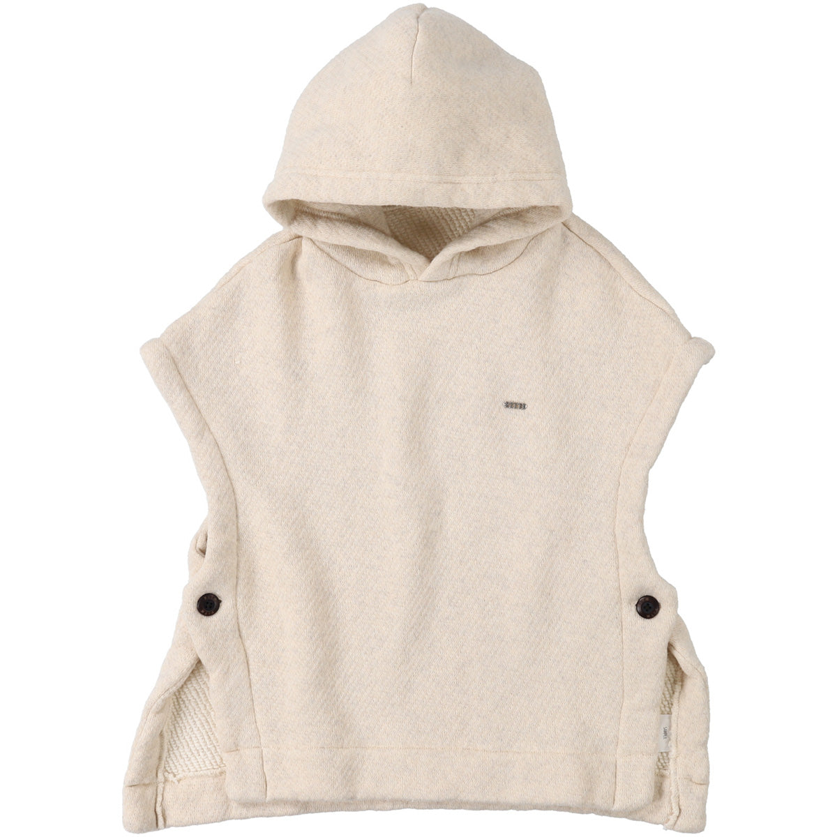 The Low Gauge Pile Vest from Fith. A cream hooded poncho with cap sleeves, side button details.