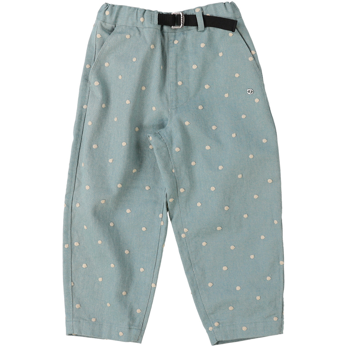The Embroidered Dot Pants from Fith. Light blue pants with white polka dots, elastic waist with black adjustable belt.