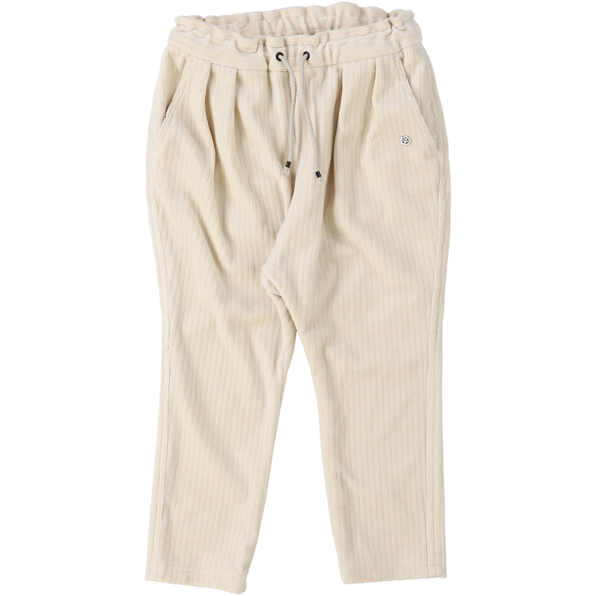 The Knitted Corduroy Pants from Fith. Off-white corduroy pants with a drawstring tie.