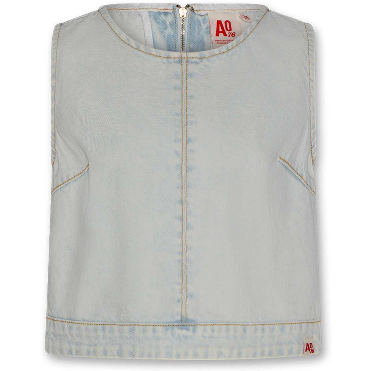 The Fedha Shirt Bleach by AO76, sleeveless light-wash denim shirt with seam details and back zipper closure.