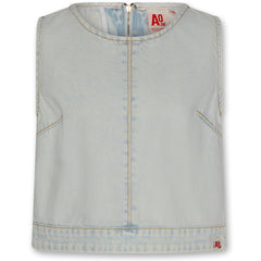 The Fedha Shirt Bleach by AO76, sleeveless light-wash denim shirt with seam details and back zipper closure.