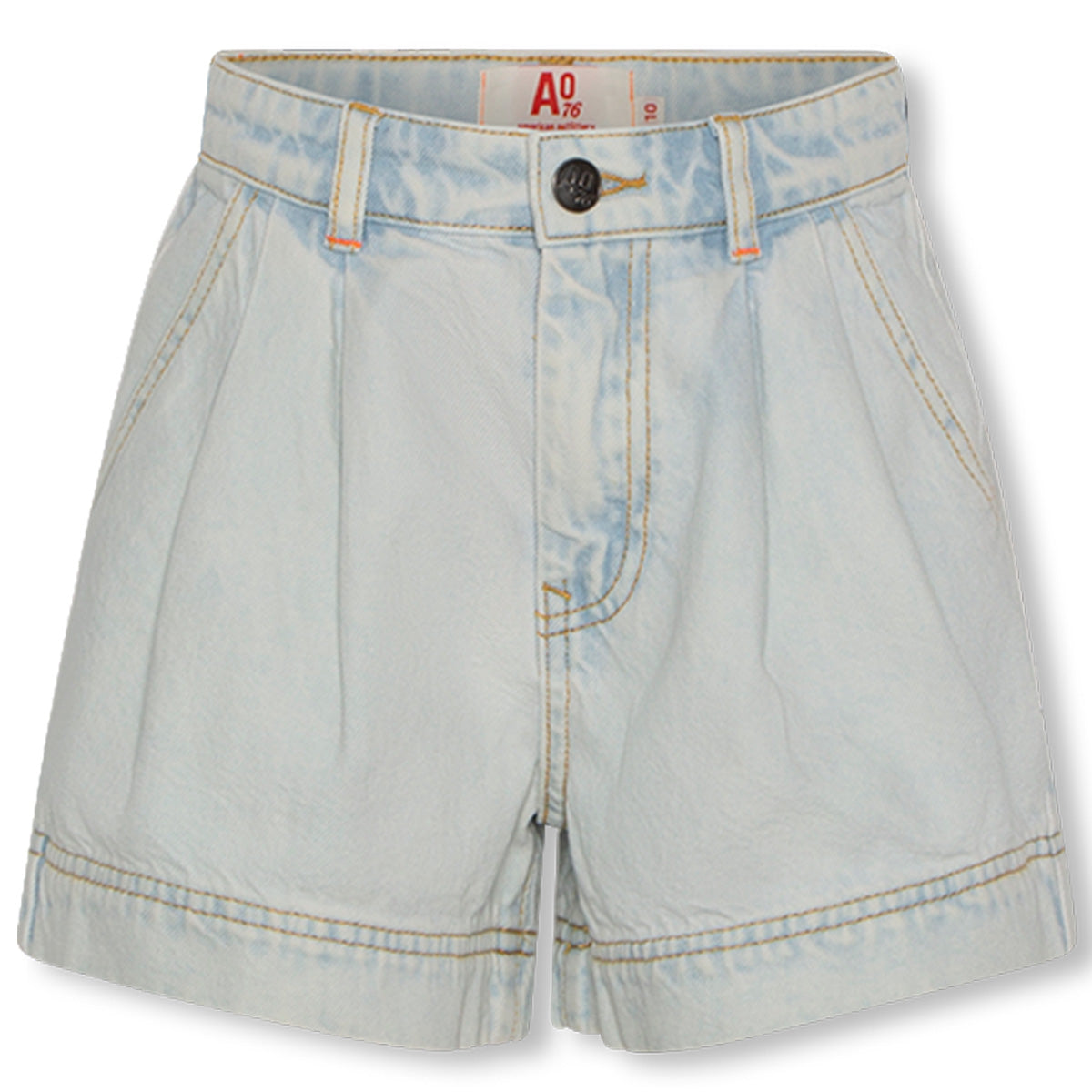 The Nyama Shorts Bleach by AO76, light-wash denim shorts with front pleats, belt loops, and button zip closure.