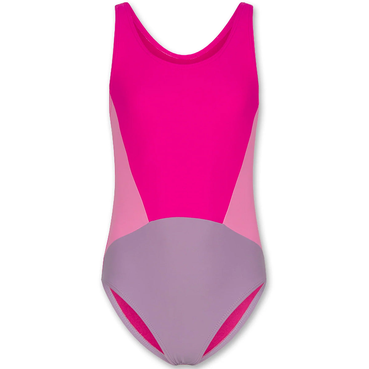 The Sun Swimsuit Light Pink by AO76, one-piece swimsuit with bright pink front and light pink panels, sleeveless design.
