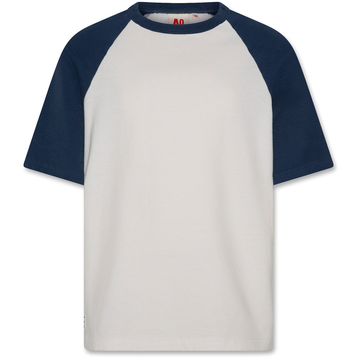 The Nico Tee Contrast from AO76. Baseball t-shirt with navy sleeves and white body on a white background.