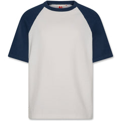 The Nico Tee Contrast from AO76. Baseball t-shirt with navy sleeves and white body on a white background.